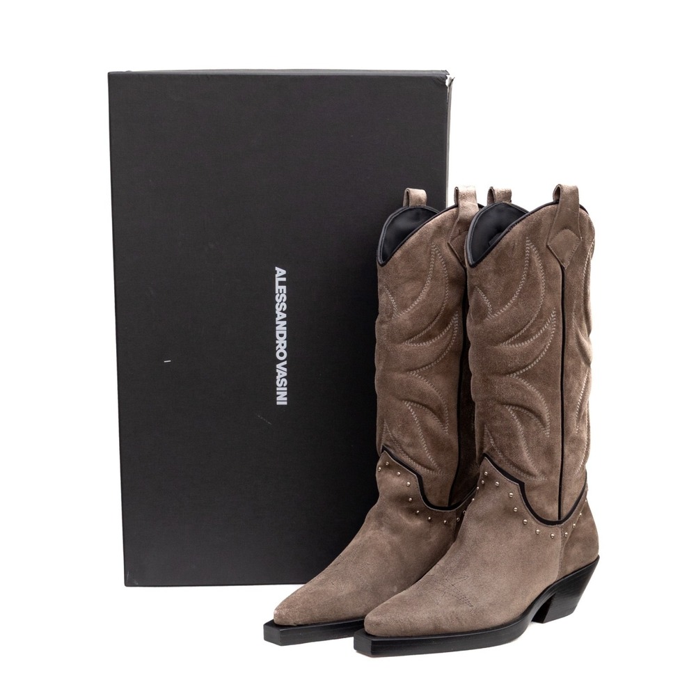 Alessandro Vasini Women's Suede Western Cowboy Boots‎ Brown Studded NWB US 8